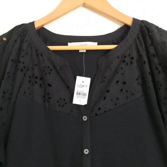 LOFT Eyelet Button Mixed Media Swing Dress Black Size L - Picture 4 of 8